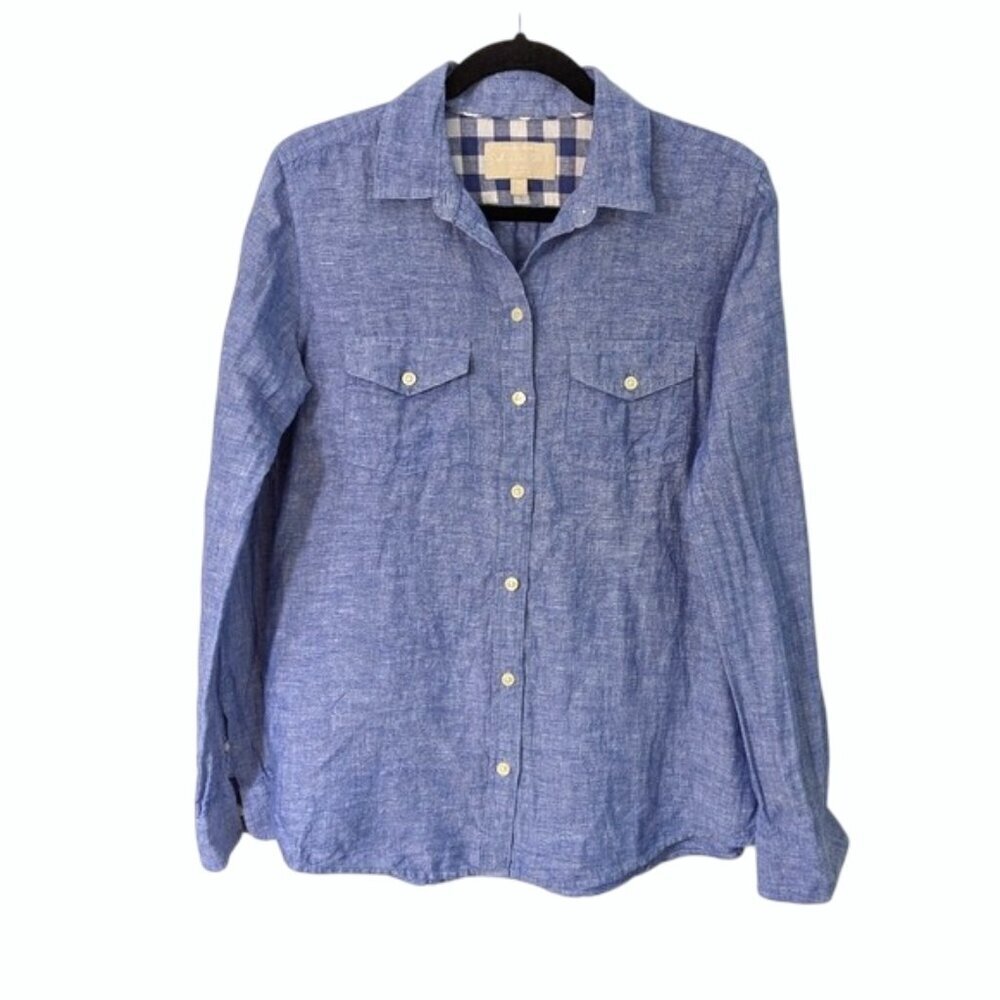 BR Women's Linen Blend Button-Up Shirt Chambray Size M